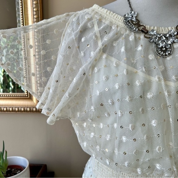 Anthropologie Leifnotes Polka Dot Dress White Ivory Sequin Flutter Sleeve 4 NWT - Picture 9 of 14